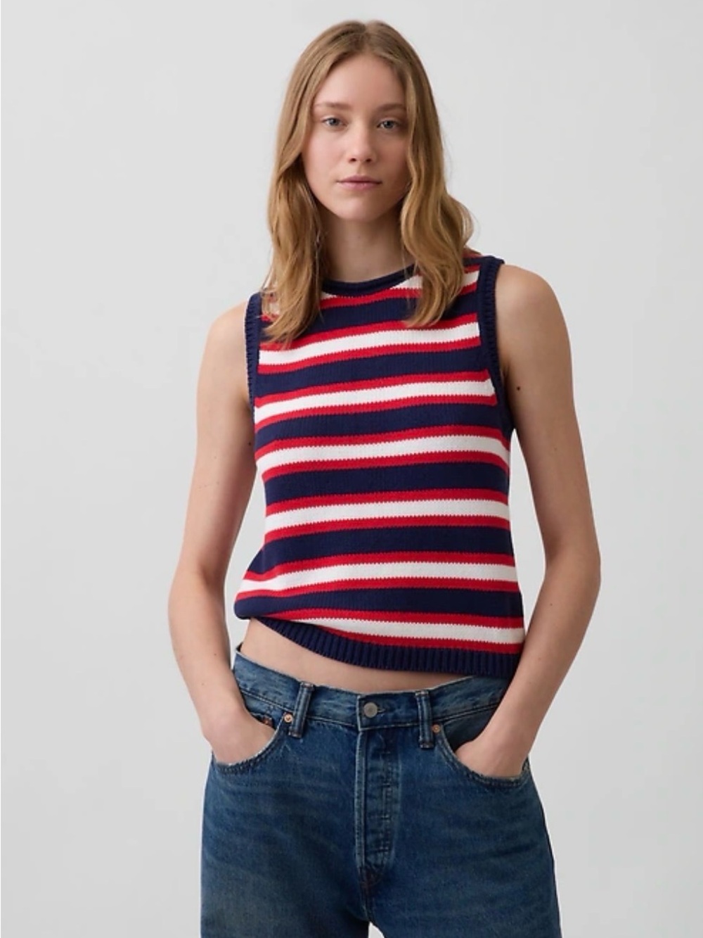 Gap Womens Red White Blue Striped Cotton Knit Sweater Vest Small Petite
